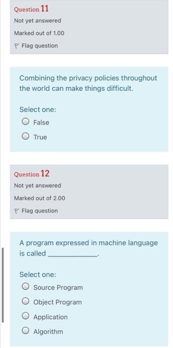 Solved Question 11 Not yet answered Marked out of 1.00 P | Chegg.com