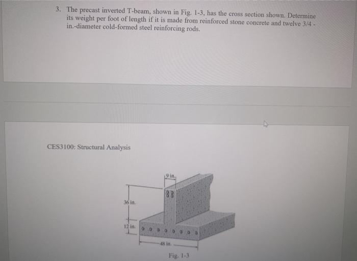 Solved 3. The precast inverted T-beam, shown in Fig. 1-3, | Chegg.com