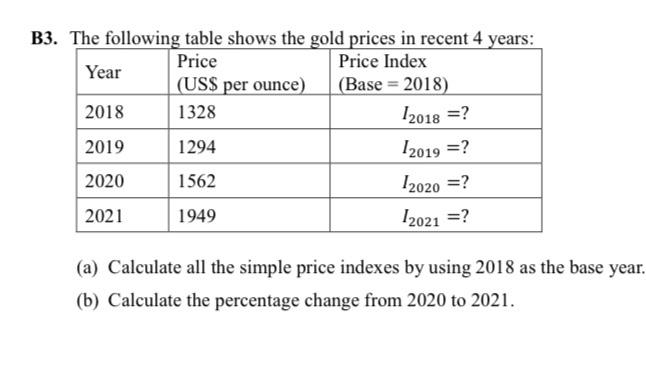 Solved B3. The Following Table Shows The Gold Prices In | Chegg.com