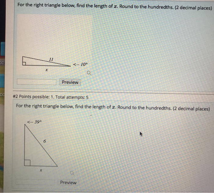 Solved For the right triangle below, find the length of 2.
