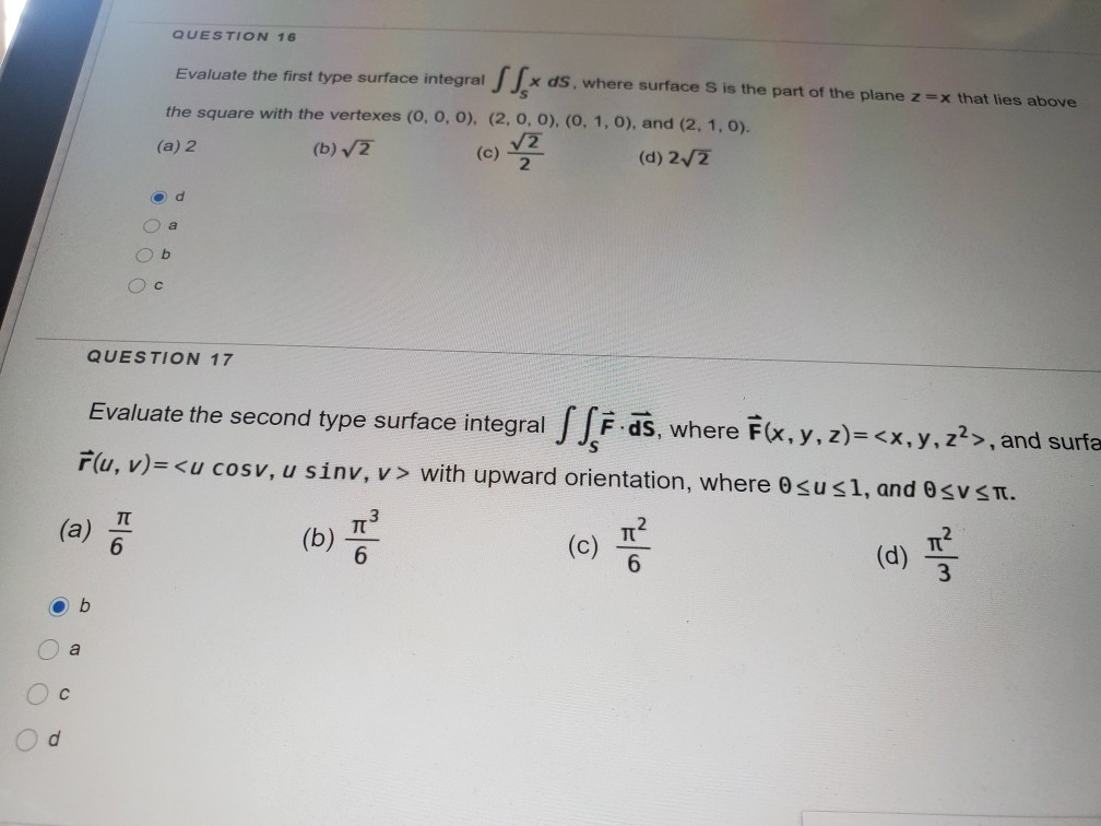 Solved QUESTION 16 Evaluate the first type surface integral | Chegg.com
