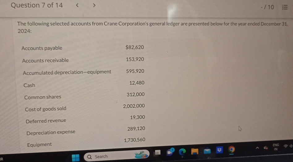 Solved Question 7 ﻿of 14.?10The following selected accounts | Chegg.com