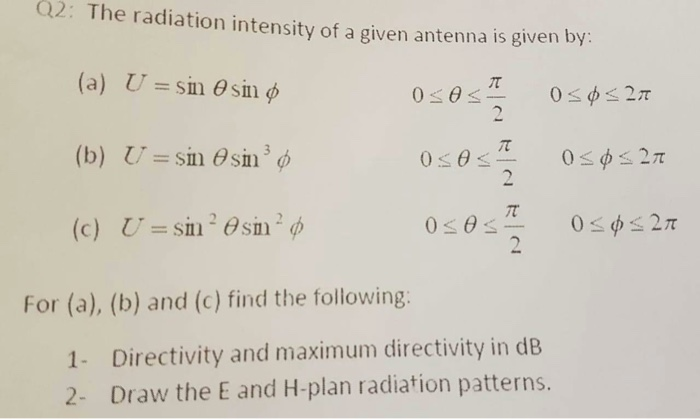 Solved Q2 The Radiation Intensity Of A Given Antenna Is Chegg Com