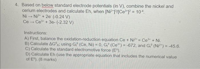 Solved Based On Below Standard Electrode Potentials (in V), | Chegg.com