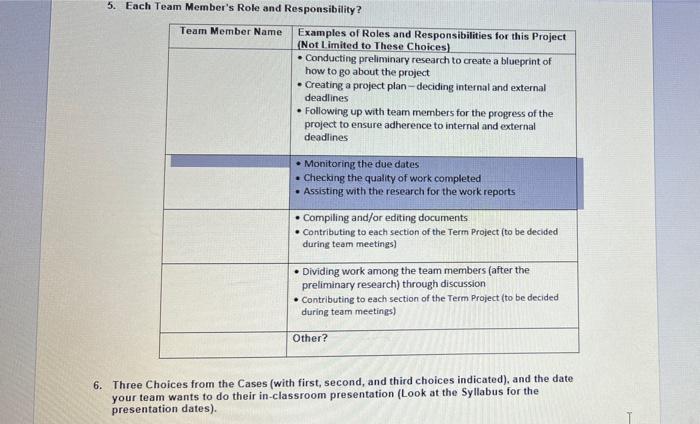 Solved 5. Each Team Member's Role And Responsibility? Team | Chegg.com