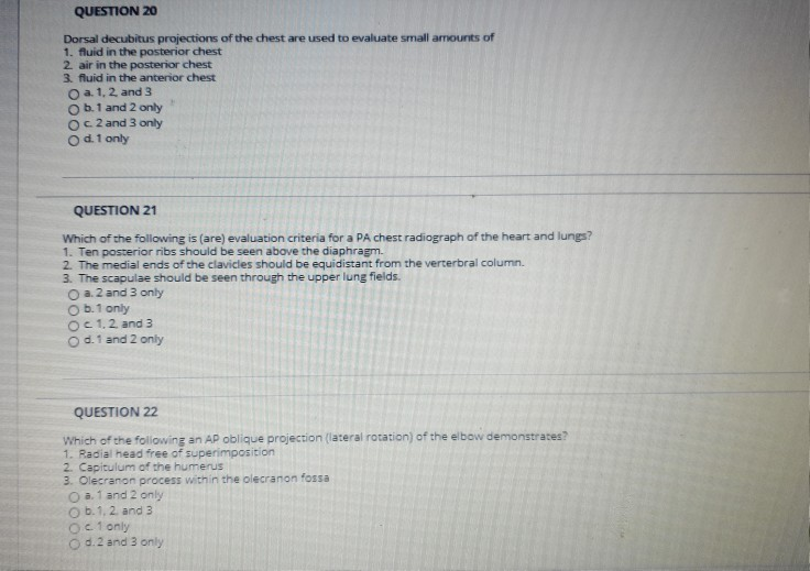 Solved QUESTION 20 Dorsal decubitus projections of the chest | Chegg.com