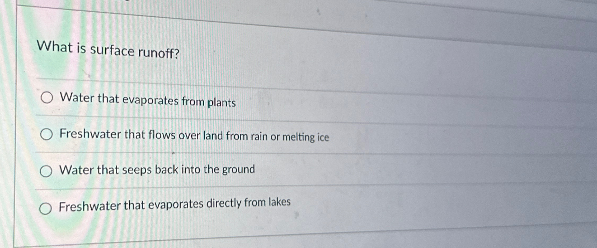 Solved What is surface runoff?Water that evaporates from | Chegg.com
