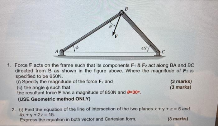 Solved B 45° A 1. Force Facts on the frame such that its | Chegg.com