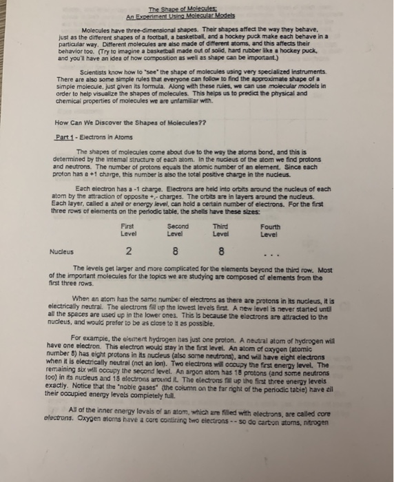 The Shape of Molecules An Experiment Using Molecular | Chegg.com