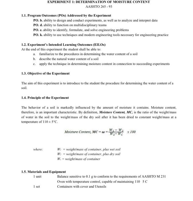 Solved EXPERIMENT 1: DETERMINATION OF MOISTURE CONTENT | Chegg.com
