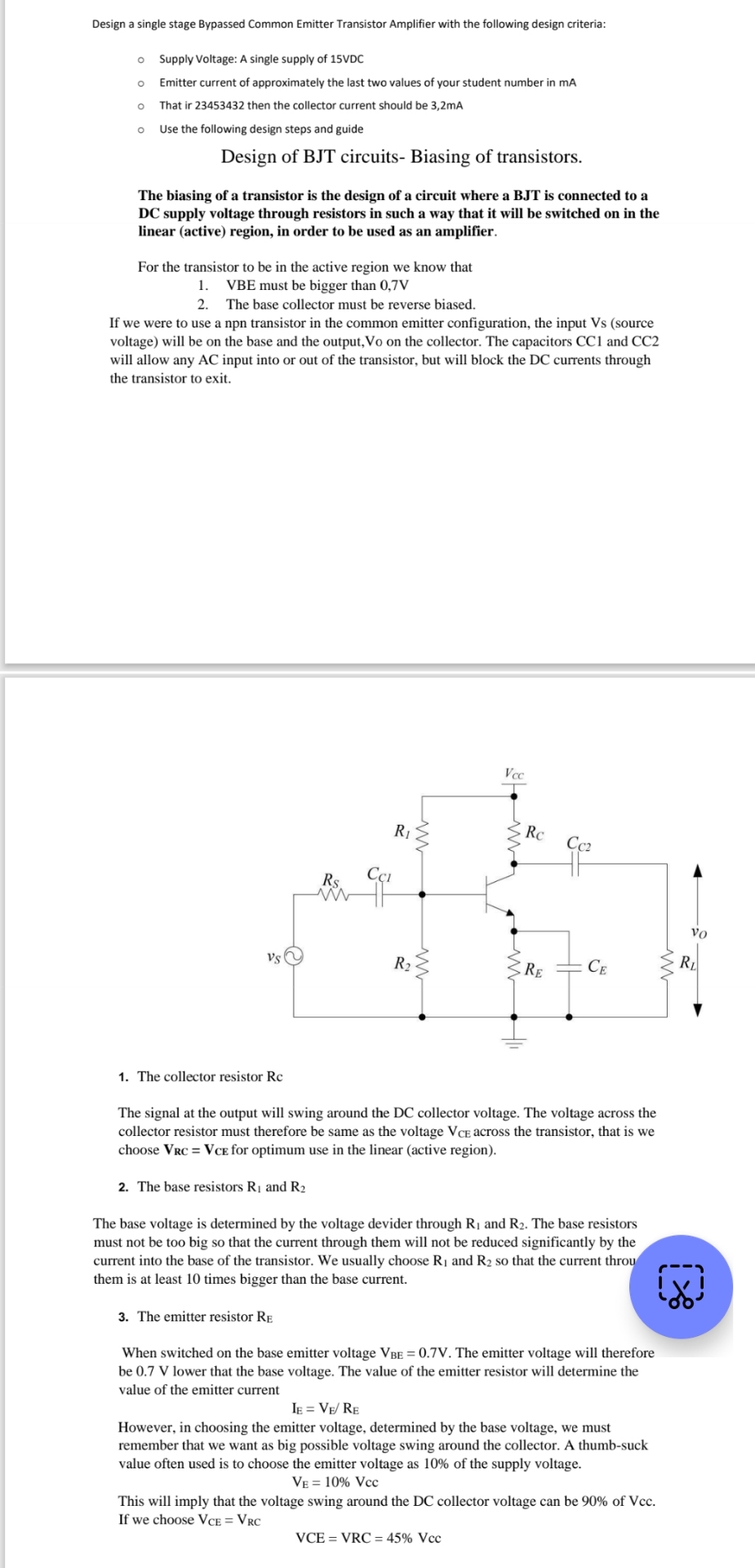 Design a single stage Bypassed Common Emitter | Chegg.com
