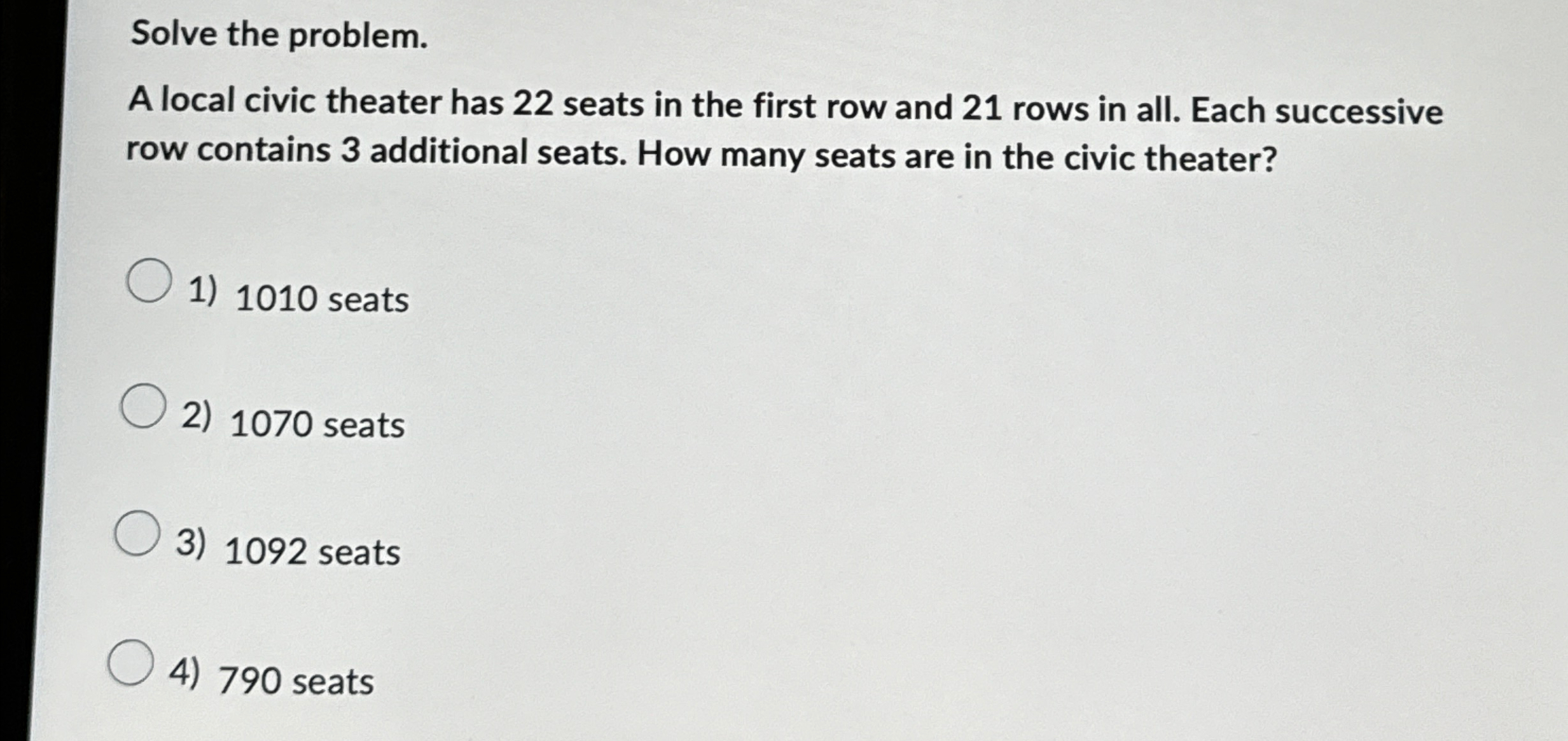 Solved Solve the problem.A local civic theater has 22 ﻿seats | Chegg.com
