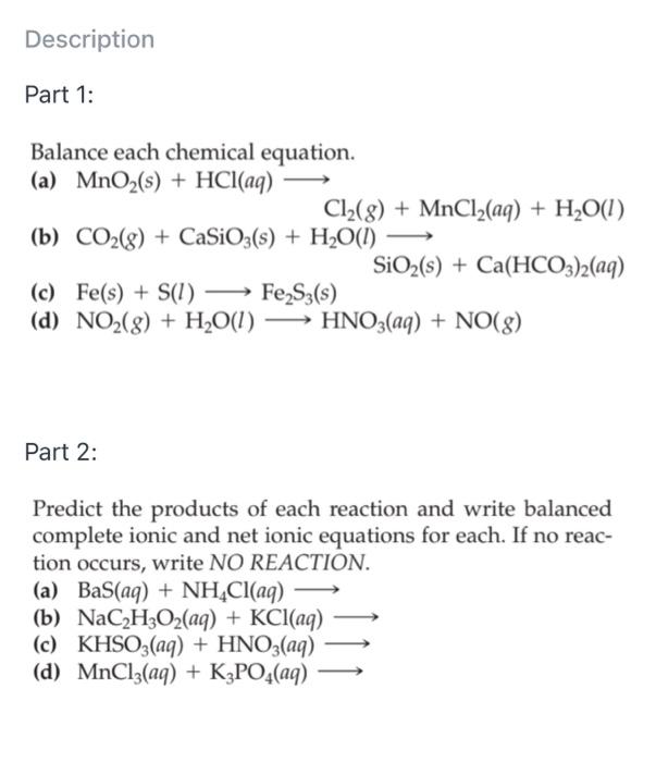 Solved Description Part 1: Balance each chemical equation. | Chegg.com