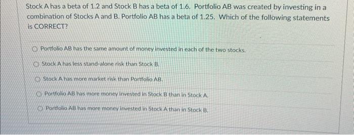 Solved Stock A Has A Beta Of 1.2 And Stock B Has A Beta Of | Chegg.com