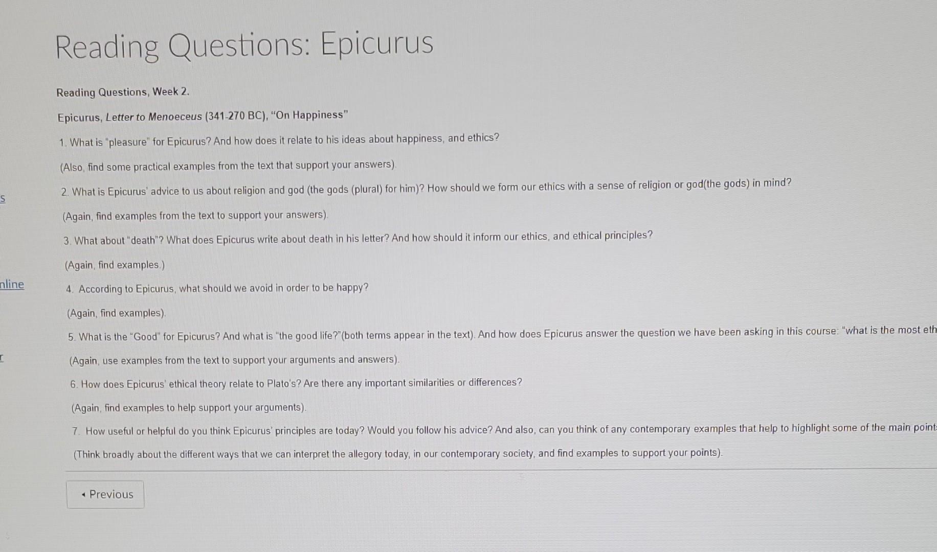 Reading Questions: Epicurus Reading Questions, Week | Chegg.com