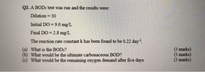 Solved Q2. A BODs test was run and the results were: | Chegg.com