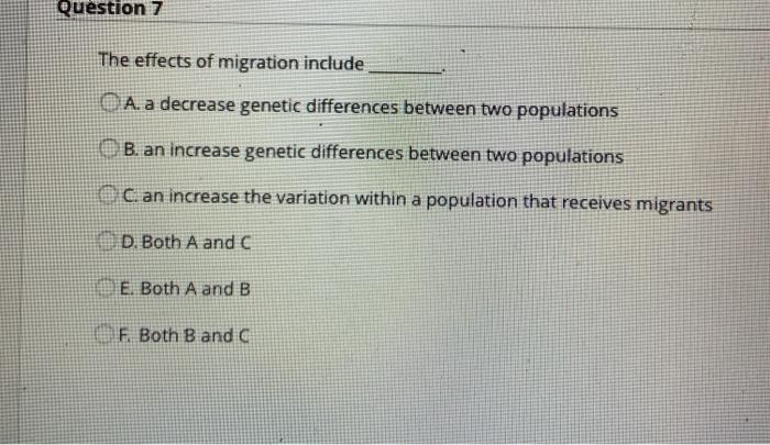 Solved Question 7 The Effects Of Migration Include A. A | Chegg.com