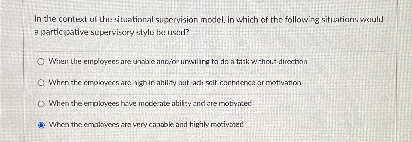 Solved In the context of the situational supervision model, | Chegg.com