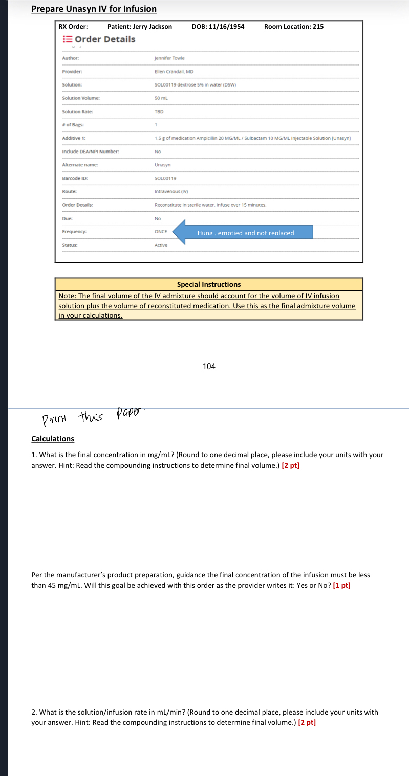 Solved Prepare Unasyn IV for InfusionSpecial