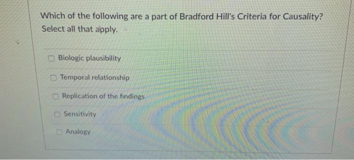 Which of the following are a part of Bradford Hills Criteria for Causality? Select all that apply. Biologic plausibility Tem