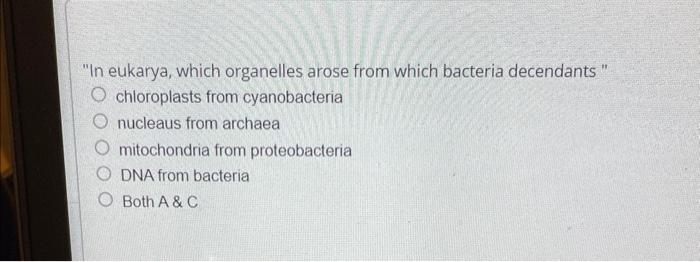 In eukarya, which organelles arose from which bacteria decendants  chloroplasts from cyanobacteria nucleaus from archaea mi