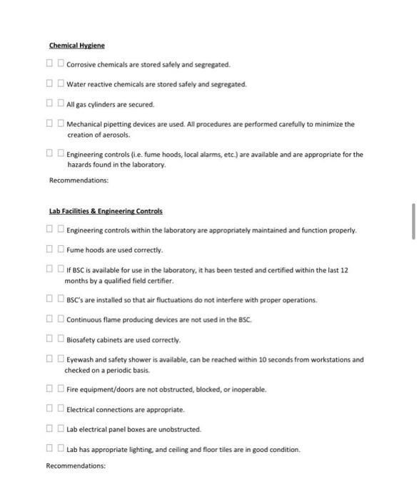 Lab Inspection Checklist Inspection Team: Inspect the | Chegg.com
