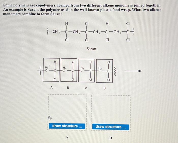 Some polymers are copolymers, formed from two different alkene monomers joined together. An example is Saran, the polymer use