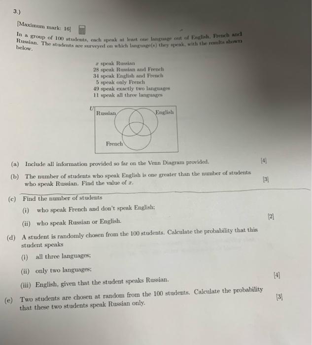 Solved 3 Maximum Mark 16 In A Group Of 100 Students Ench Chegg Com