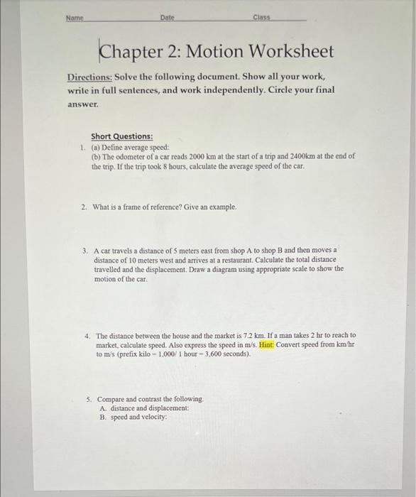 Chapter 2 Speed Worksheet