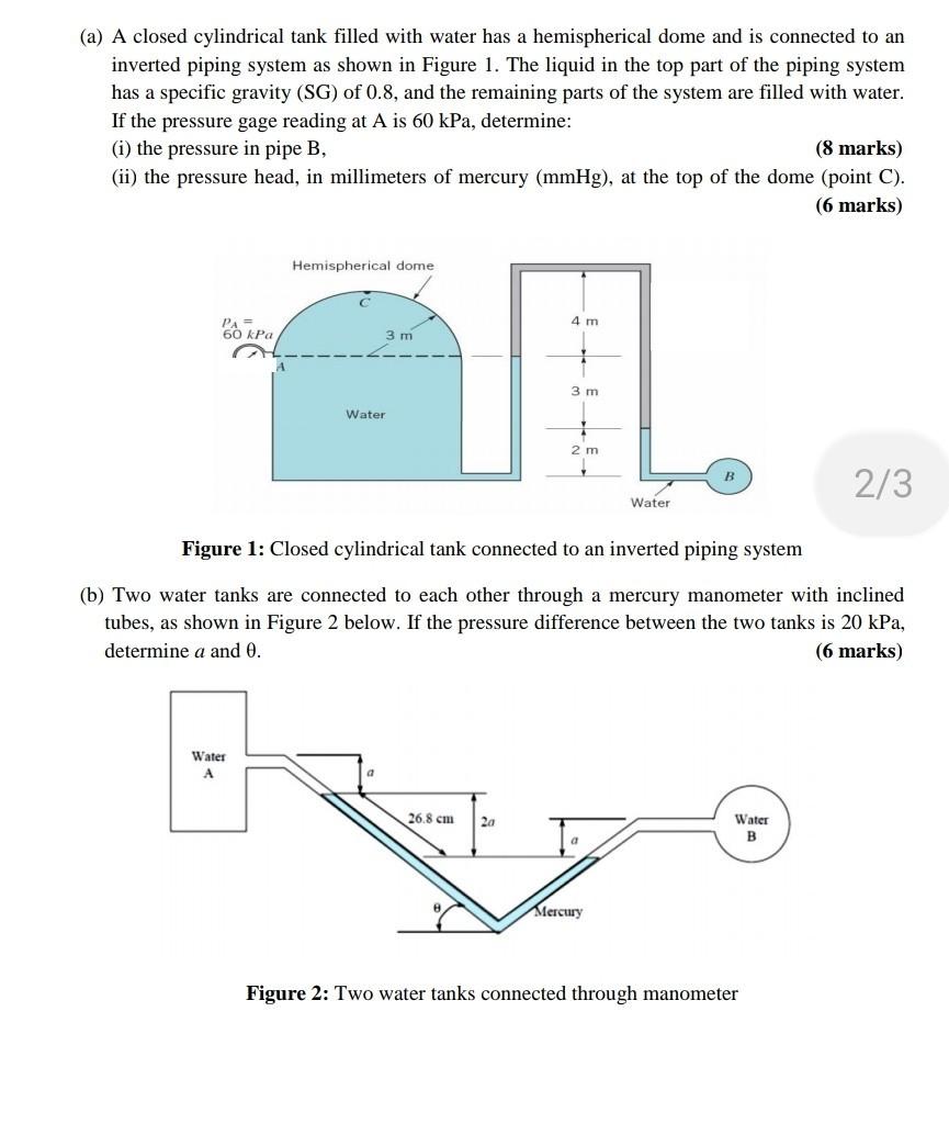 Solved (a) A closed cylindrical tank filled with water has a