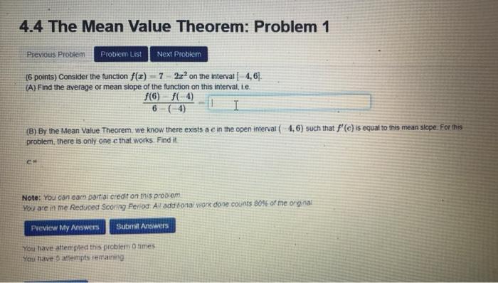 Solved 4.4 The Mean Value Theorem: Problem 1 Previous | Chegg.com