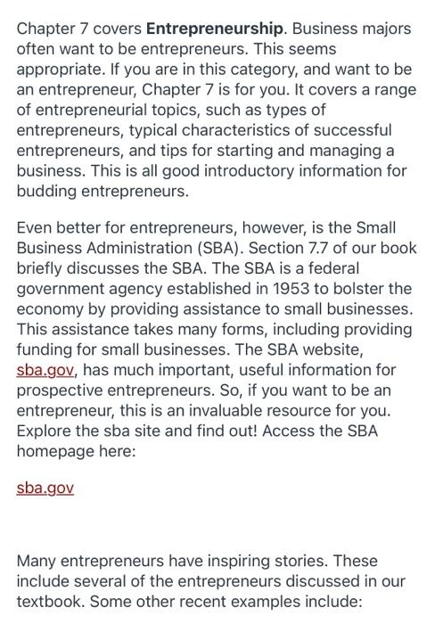 Solved Chapter 7 Covers Entrepreneurship. Business Majors | Chegg.com