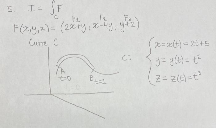 \( \begin{array}{l}I=\int_{c} F \\ F(x, y, z)=\left(2 x+y, x-4 y, y^{F_{1}+2}\right) \\ \therefore\left\{\begin{array}{l}x=x(