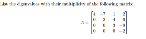 Solved List the eigenvalues with their multiplicity of the | Chegg.com