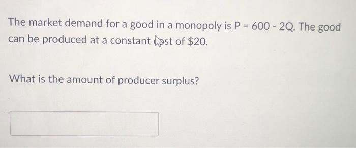 Solved A good's demand is given by: P = 774 - 2Q. At P = | Chegg.com