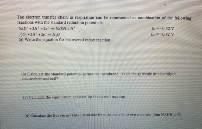 Solved The electron transfer chain in respiration can be | Chegg.com