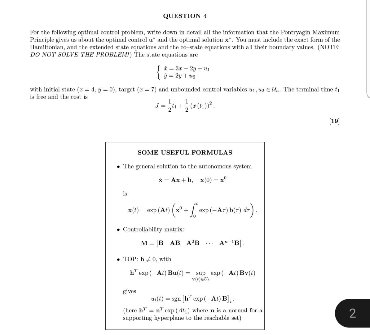 Solved For The Following Optimal Control Problem, Write Down | Chegg.com