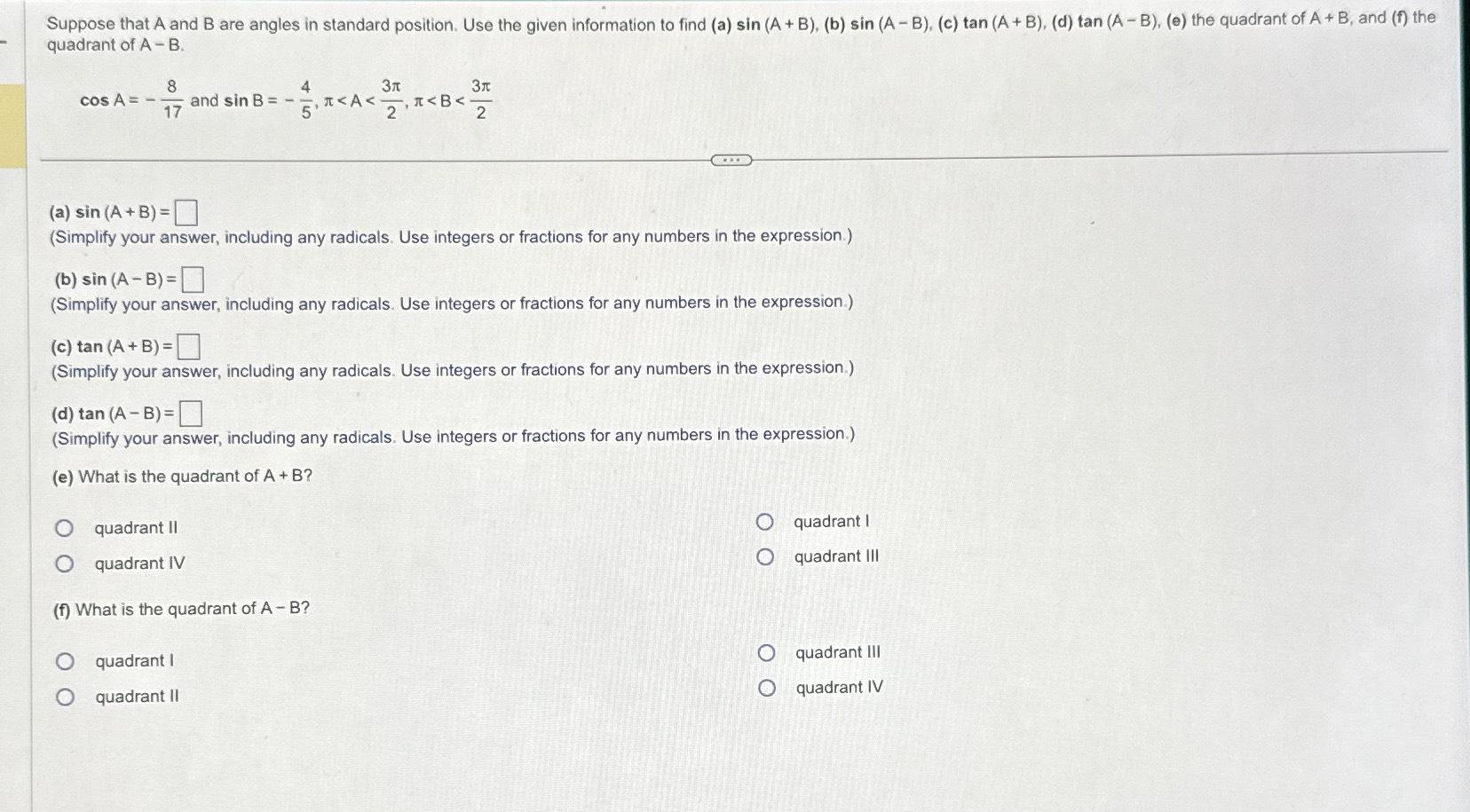 Solved Suppose That A And B ﻿are Angles In Standard | Chegg.com