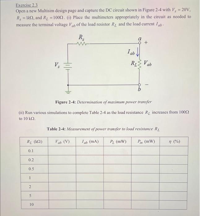 Exercise 2.3
-
Open a new Multisim design page and capture the DC circuit shown in Figure 2-4 with V, = 20V,
R, 1k2, and R? =