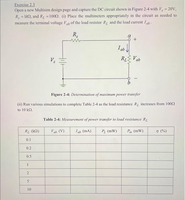 Exercise 2.3
-
Open a new Multisim design page and capture the DC circuit shown in Figure 2-4 with V, = 20V,
R, 1k2, and R? =