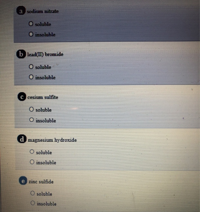Solved a sodium nitrate O soluble insoluble b lead(II)