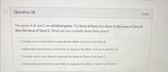 The genes A, B, and C are all linked genes. The locus of Gene A is closer to the locus of Gene B than the locus of Gene \( C 