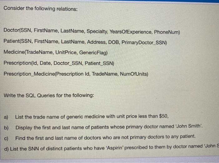 Solved Consider the following relations Doctor(SSN,