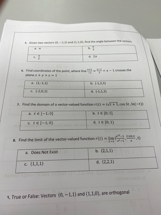 Solved 5. Given Two Vectors (0, -1,1) And (1,1,0), Find The | Chegg.com