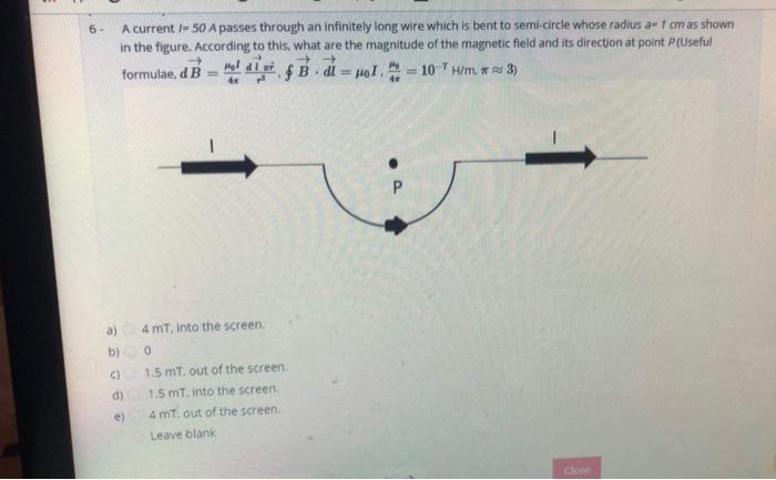Solved 6 - A current - 50 A passes through an infinitely | Chegg.com