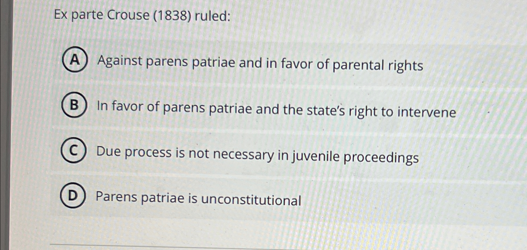 Solved Ex parte Crouse (1838) ﻿ruled:Against parens patriae 