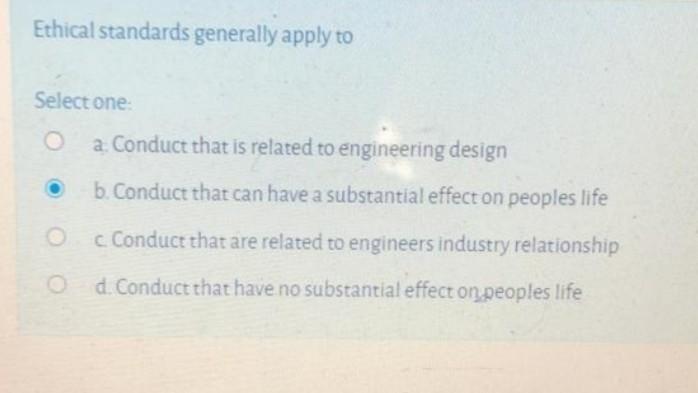 Solved Ethical standards generally apply to Select one: a | Chegg.com