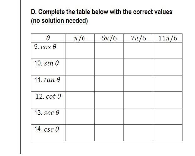 Solved D. Complete the table below with the correct values | Chegg.com