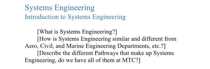 Solved Systems Engineering Introduction to Systems | Chegg.com
