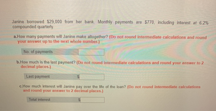 Solved Janine Borrowed 29 000 From Her Bank Monthly Pay Chegg Com